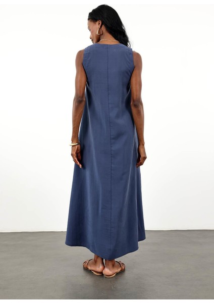 Lacivert V Yaka Tencel Elbise 036