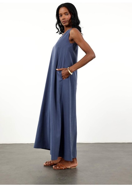 Lacivert V Yaka Tencel Elbise 036