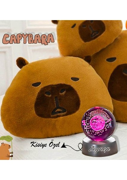 Kişiye Özel Fotoğraflı Kapibara Capybara Polar Yastık & 3D Satürn Kız Samanyolu Işıklı Kristal Küre