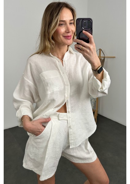 Ekru %100 Keten Oversize Gömlek