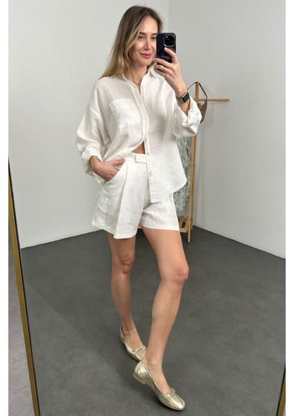 Ekru %100 Keten Oversize Gömlek modelleri