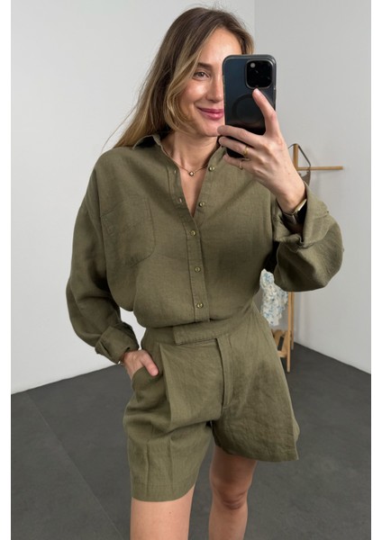 Haki %100 Keten Oversize Gömlek