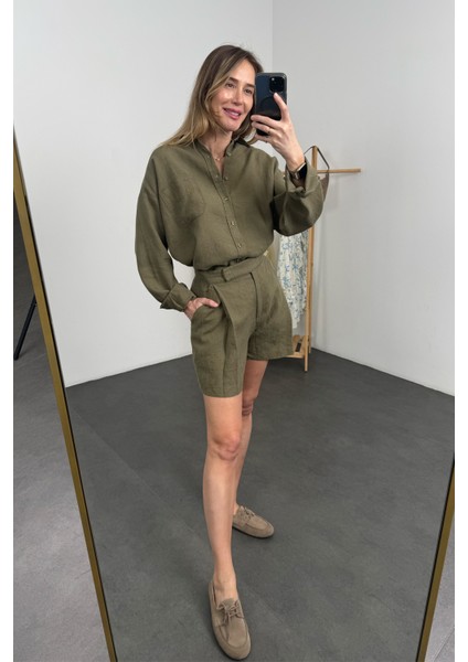 Haki %100 Keten Oversize Gömlek fiyatları