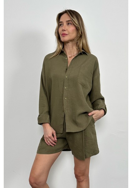 Haki %100 Keten Oversize Gömlek fırsatları