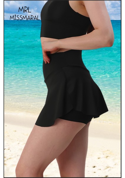 Mini Şort Etek Görünümü Etek Içi Şortlu Cepli Spor Tasarım Tenis Deniz Havuz Fitness SIYAH1107