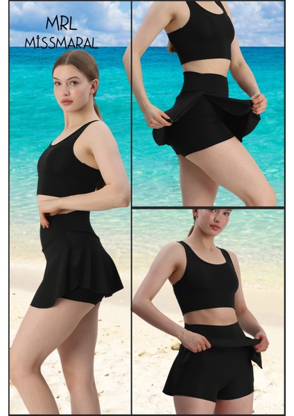 Mini Şort Etek Görünümü Etek Içi Şortlu Cepli Spor Tasarım Tenis Deniz Havuz Fitness SIYAH1107