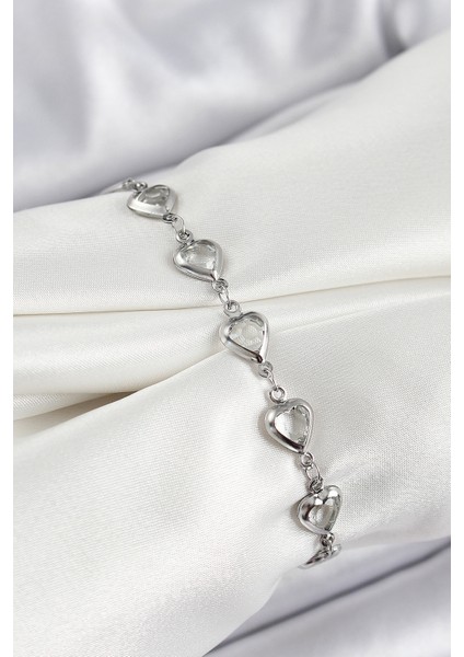 Pirinç Gümüş Renk Kalp Zirkon Taşlı Kadın Bileklik