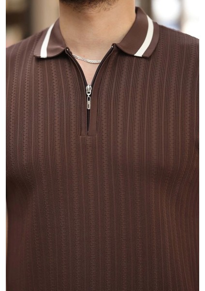 Erkek Yaka ve Kolları Çizgi Detaylı Fermuarlı Kısa Kollu T-Shirt modelleri