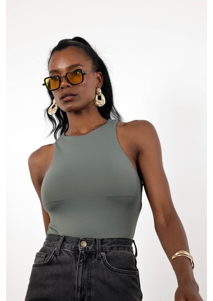 Haki Önü Çift Katlı Bodysuit