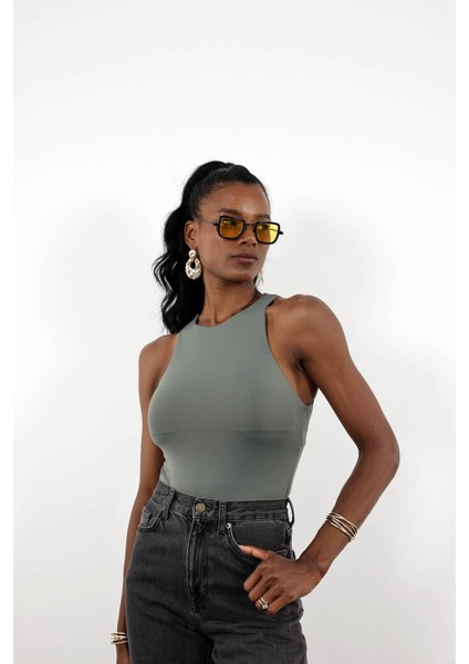 Haki Önü Çift Katlı Bodysuit