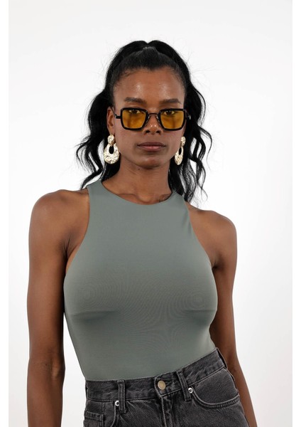 Haki Önü Çift Katlı Bodysuit