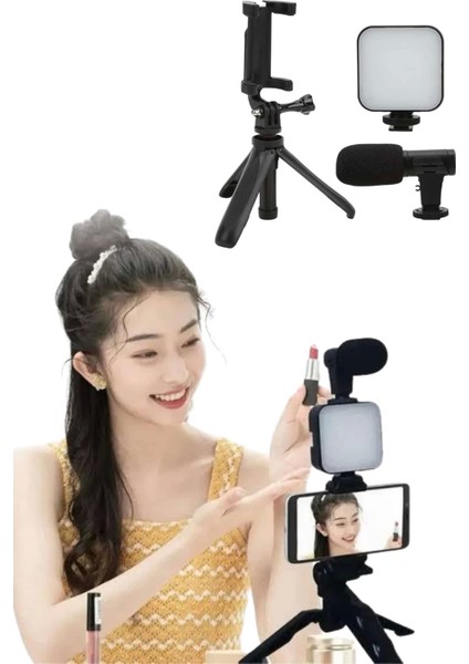 Tripod Telefon Tutucu Kumandalı Mikrofon LED Işık Vlog Video Kayıt