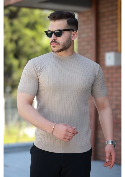 Erkek Bisiklet Yaka Örgü Desenli Kısa Örme Triko Kısa Kollu T-Shirt