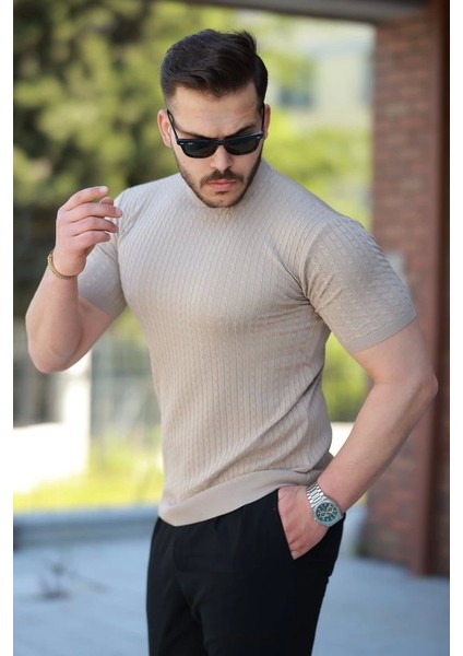 Erkek Bisiklet Yaka Örgü Desenli Kısa Örme Triko Kısa Kollu T-Shirt fiyatları