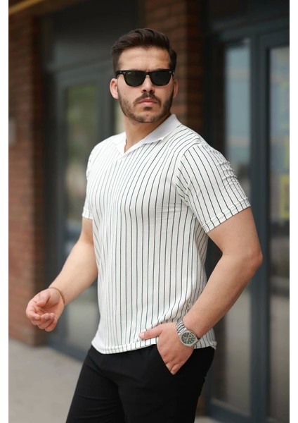Erkek Yakalı Çizgi Desenli Kısa Kollu Tişört fiyatları