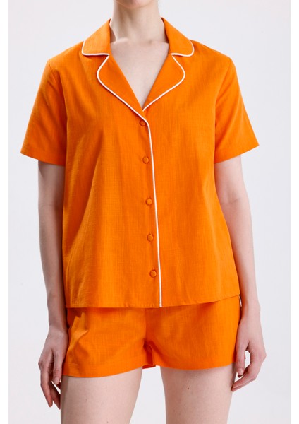 Kadın Kısa Kol Önden Düğmeli Şortlu Kiremit Pijama Takımı fiyatları