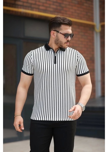 Erkek Çizgili Fermuar Yakalı Kısa Kollu Tişört