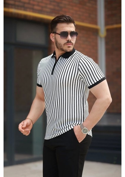 Erkek Çizgili Fermuar Yakalı Kısa Kollu Tişört fiyatları