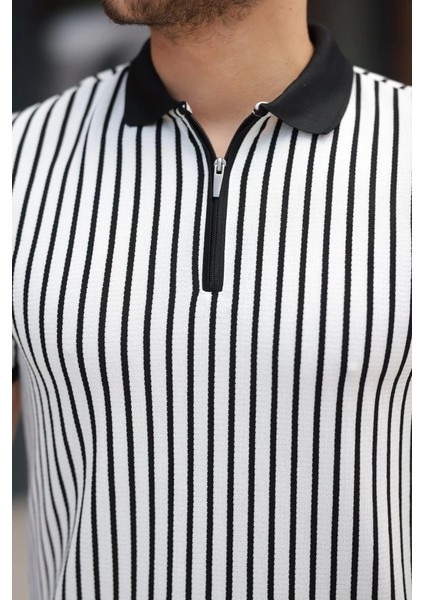Erkek Çizgili Fermuar Yakalı Kısa Kollu Tişört modelleri