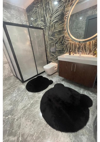2li Sevimli Ayı Figürlü Post Peluş Tavşan Tüylü Banyo Takımı Klozet Takımı 80X80 ve 100X100 Banyo Paspası