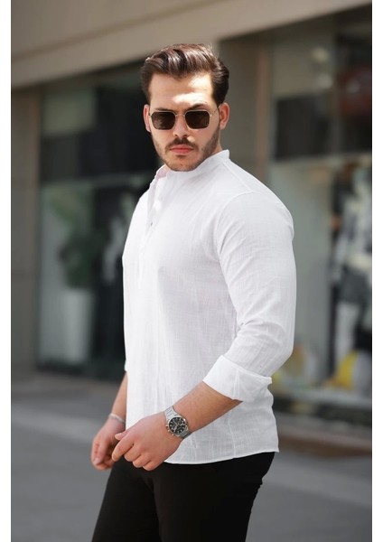 Erkek Hakim Yaka Yarım Düğmeli Keten Gömlek fiyatları