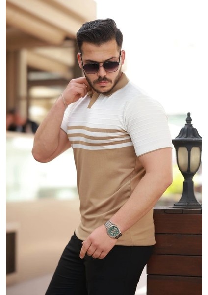 Erkek Çizgi Desenli Yakalı Kısa Kollu T-Shirt fiyatları