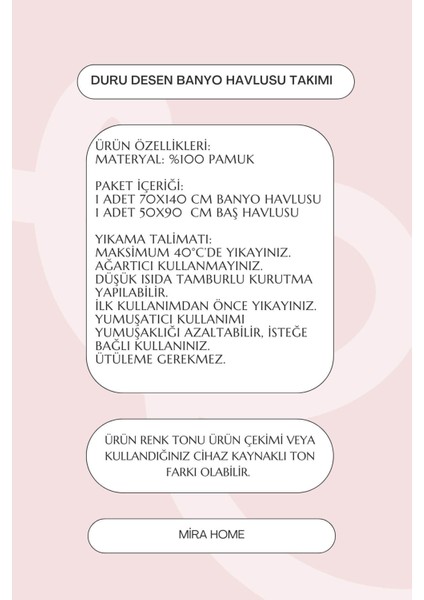 2 Parça Banyo Havlu Takımı %100 Pamuklu Duru Desen indirimleri