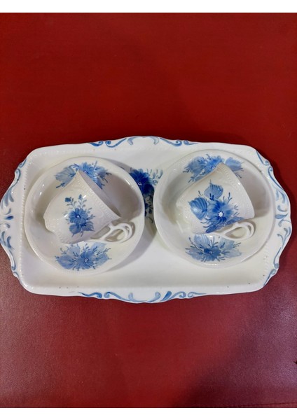 Beyaz Porselen El Boyama Türk Kahve Fincan Tepsi 2 Kişilik Set