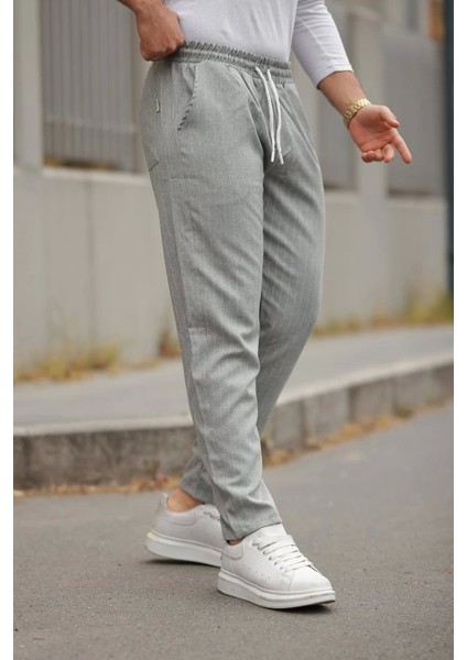 Erkek Beli Bağcıklı Çizgili Pantolon