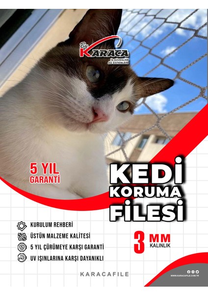 Kedi Balkon Güvenlik Filesi – 1.5 M Yükseklik | Metreyle Kesim | 3 mm Ip, 4x4 cm Göz Aralığı + Montaj Aparatları (Beyaz)
