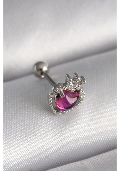 Çelik Gümüş Renk Pembe Mineli Kalp Zirkon Taş Detaylı Taç Tragus Piercing
