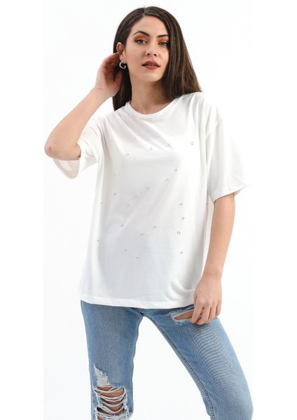 Bisiklet Yaka Halka ve Boncuk Detaylı T-Shirt - Ekru