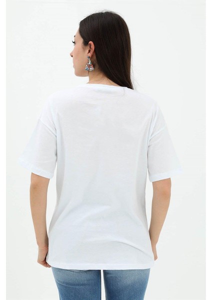 Bisiklet Yaka Ananas Baskılı Süprem T-Shirt - Beyaz modelleri