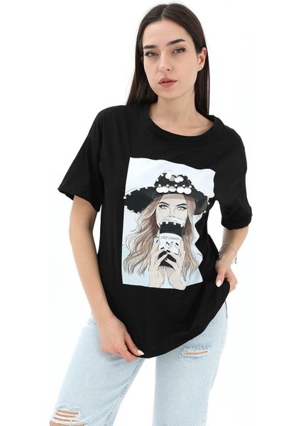 Bisiklet Yaka Kovboy Şapkalı Süprem T-Shirt - Siyah fiyatları