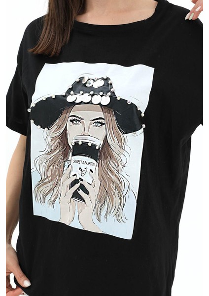 Bisiklet Yaka Kovboy Şapkalı Süprem T-Shirt - Siyah fırsatları