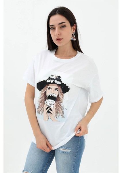 Bisiklet Yaka Kovboy Şapkalı Süprem T-Shirt - Beyaz fiyatları