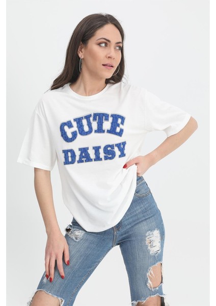 T-Shirt Kabartma Baskı Bisiklet Yaka - Mavi fiyatları