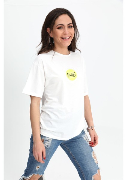 T-Shirt Bisiklet Yaka Önü ve Arkası Baskılı - Ekru fiyatları