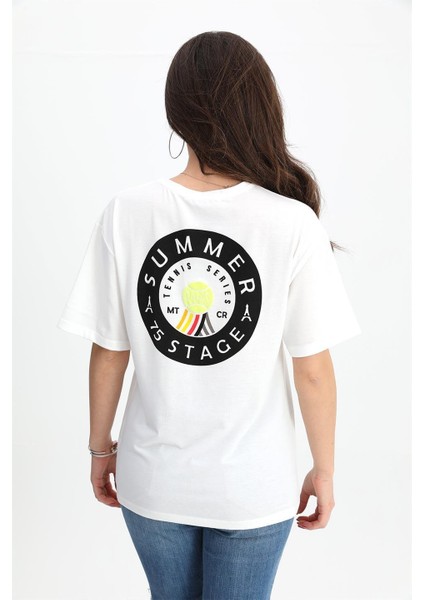 T-Shirt Bisiklet Yaka Önü ve Arkası Baskılı - Ekru modelleri