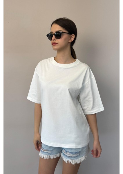 Kadın Oversize Tişört-Beyaz