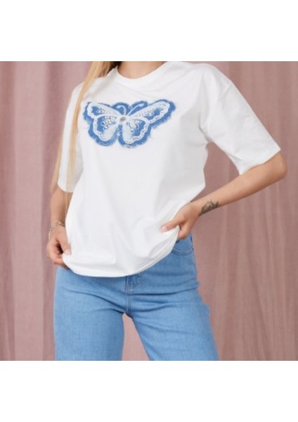 Beyaz Kelebek Baskılı Inci Detaylı Kısa Kollu T-Shirt