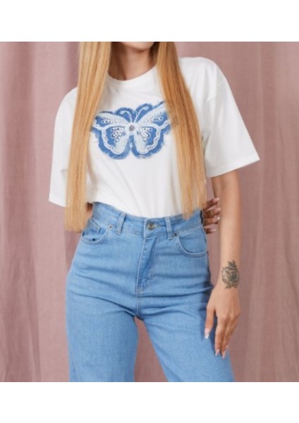 Beyaz Kelebek Baskılı Inci Detaylı Kısa Kollu T-Shirt fiyatları