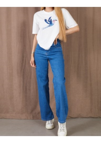 Beyaz Kuş Baskılı Taş Detaylı Kısa Kollu T-Shirt fiyatları