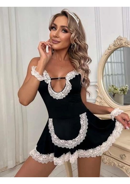 Siyah Beyaz Aksesuarlı Dantelli Hizmetçi Kostümü