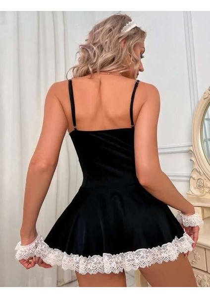 Siyah Beyaz Aksesuarlı Dantelli Hizmetçi Kostümü fiyatları