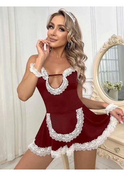 Bordo Beyaz Aksesuarlı Dantelli Hizmetçi Kostümü
