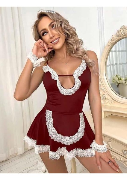 Bordo Beyaz Aksesuarlı Dantelli Hizmetçi Kostümü fiyatları