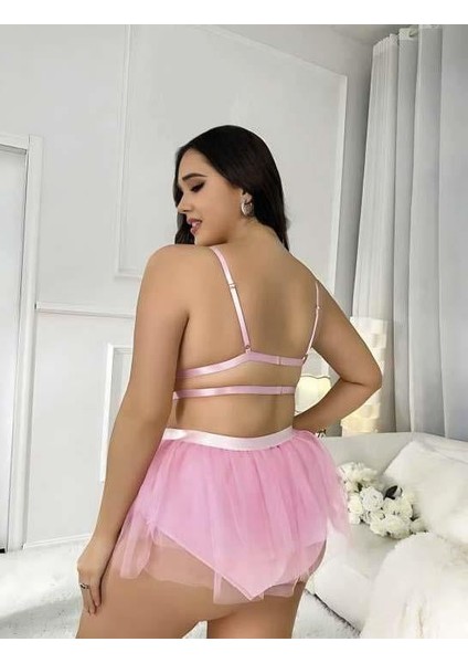 Büyük Beden Pembe Tül Etekli Mini Takım