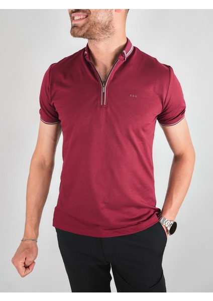 Fermuarlı Bordo Yakalı Tshirt