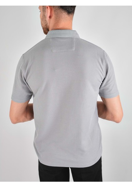 Erkek Yakalı Cepli Waffle Gri Baba Tshirt